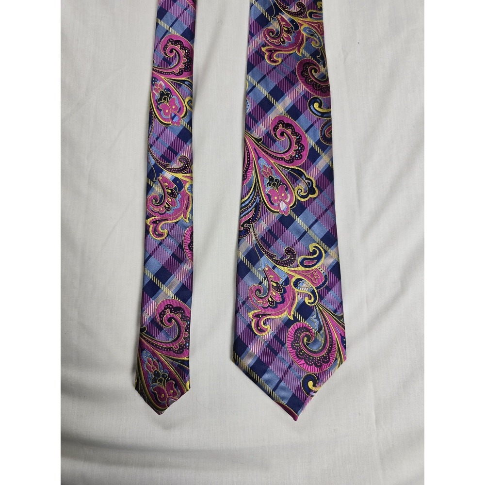 Hisdern Tie Mens One Size Blue Pink Paisley Plaid Handmade Woven Necktie Formal
